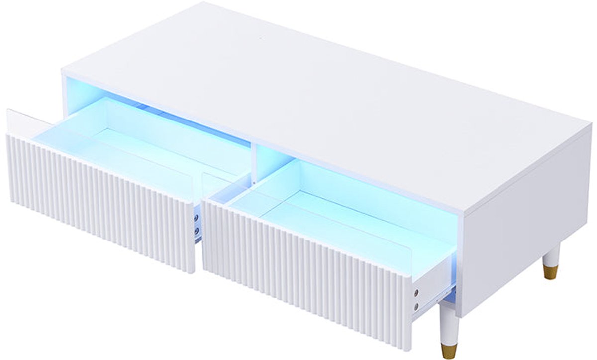 Merax Moderne Witte Salontafel met Ledverlichting en 2 Lades – Geribbelde Fronten – 110 x 50 x 40 cm