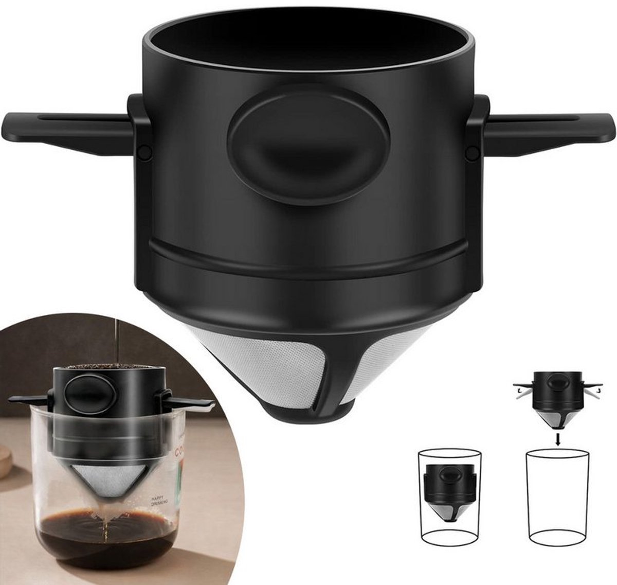 Handmatig bediende koffiefilter, opvouwbaar en herbruikbaar.