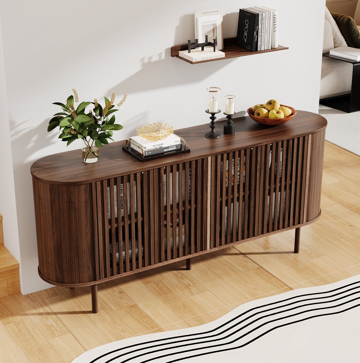 FloraGrace Dressoir - 4 Schuifdeuren Met Perforatie En Verstelbare Planken - Voor Woonkamer, Eetkamer En Hal - MDF - Walnoot - 160x40x70 Cm