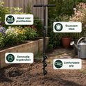 Zwarte grondboor met vier tekstvakken: 'Ideaal voor plantbedden', 'Duurzaam staal', 'Eenvoudig te gebruiken', 'Comfortabele grip'.
