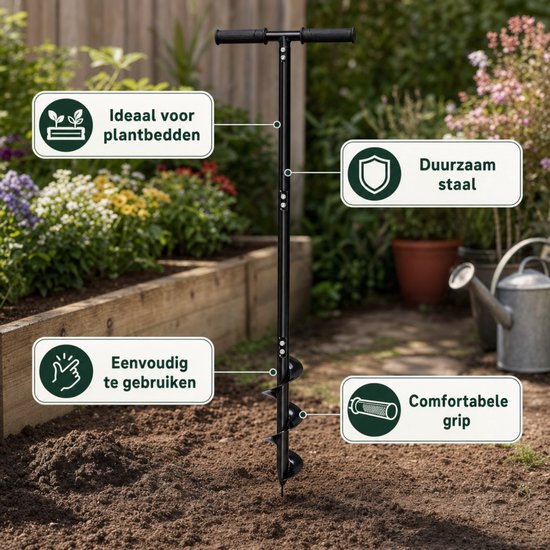 Zwarte grondboor met vier tekstvakken: 'Ideaal voor plantbedden', 'Duurzaam staal', 'Eenvoudig te gebruiken', 'Comfortabele grip'.