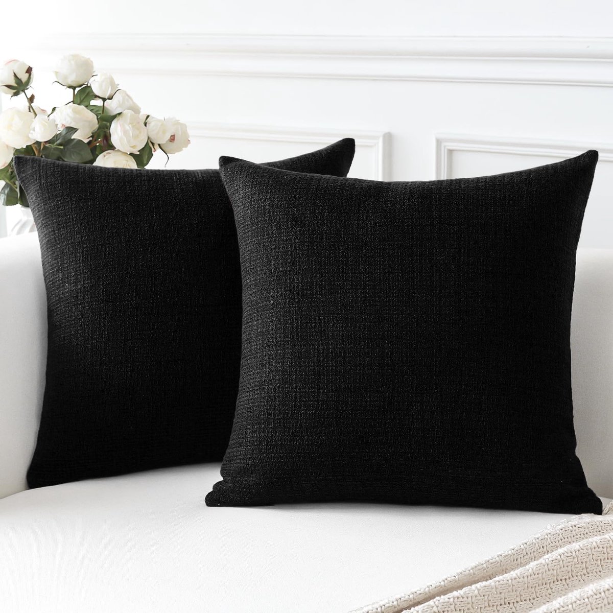 Famanu Set van 2 kussenslopen in effen linnen, moderne decoratieve hoezen voor bank en slaapkamer, 45 x 45 cm, zwart