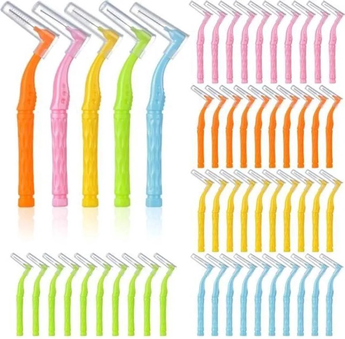 50 interdentale borsteltjes, 5 kleuren, 5 maten, L-vormige interdentale borsteltjes, interdentale reinigingsborsteltjes