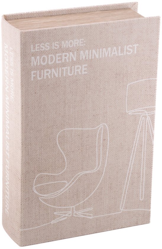 Beige linnen opbergboek met de tekst LESS IS MORE: MODERN MINIMALIST FURNITURE en een schematische tekening van een fauteuil.