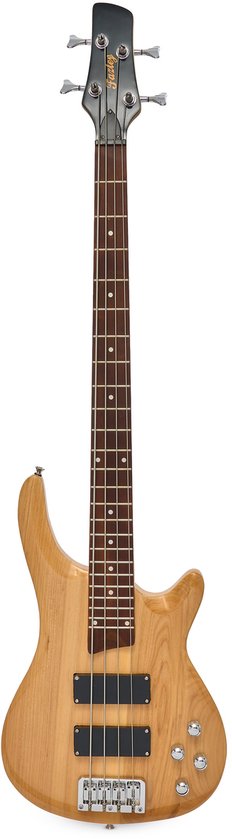 Een natuurkleurige 4-snarige basgitaar met zwarte elementen en chromen hardware.