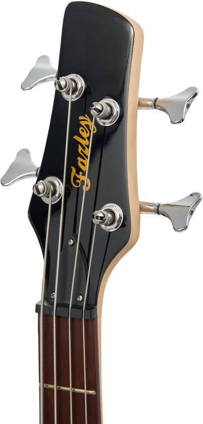 Zwarte kop van een basgitaar met Fazley logo en chromen stemknoppen.