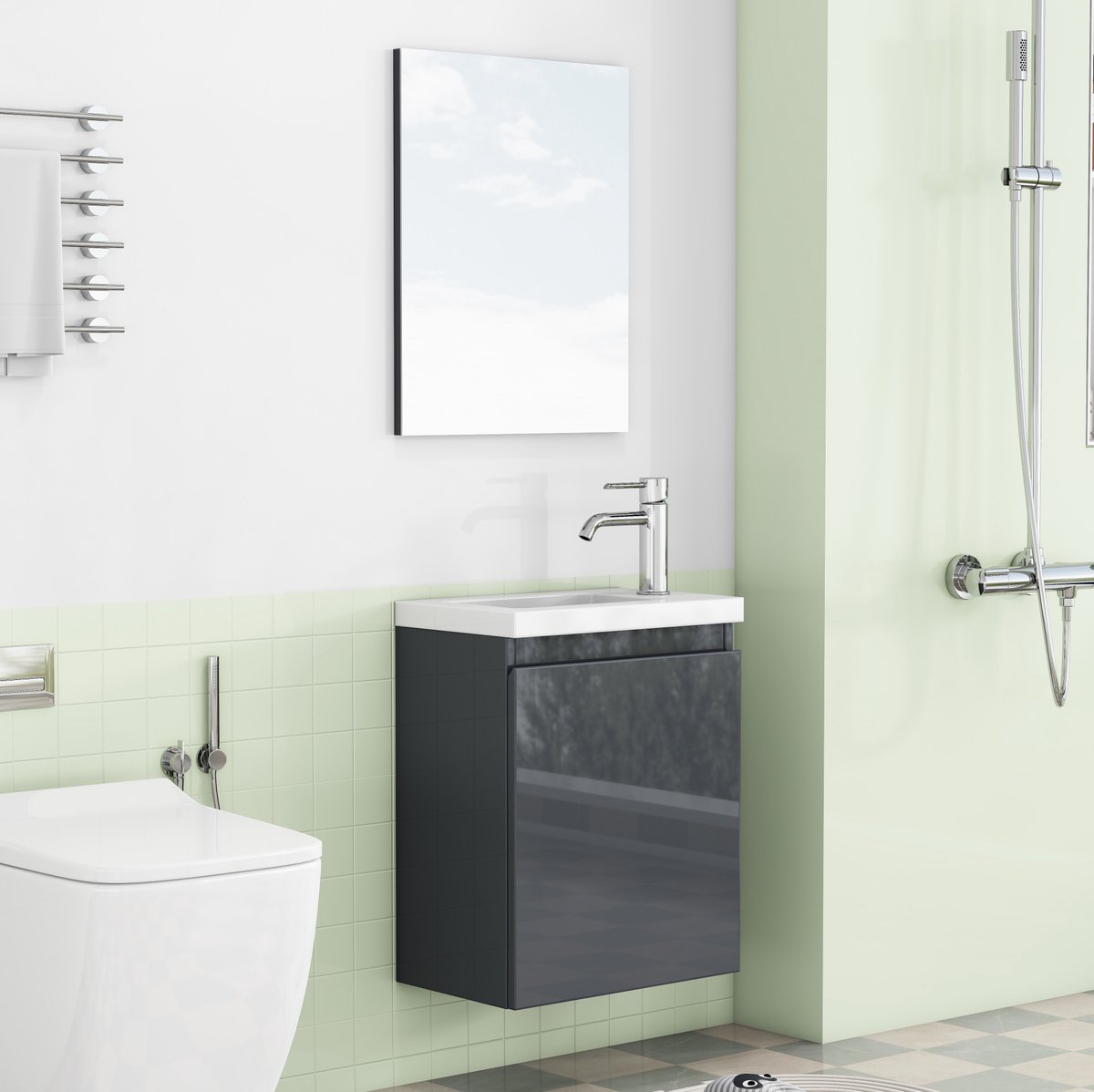 MIVRAY Badkamerkast - Hoogglans Grijze Wandkast Met Wastafel En Spiegel - Ruimtebesparend Voor Bad En Gastentoilet - MDF - 40 Cm