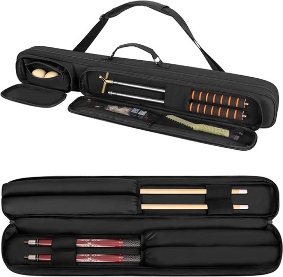 Biljartkeu Tas 2x2 – Gewatteerde Pool Cue Case met Accessoirevakken en Afneembare Schouderriem – voor Biljart, Snooker en Pool