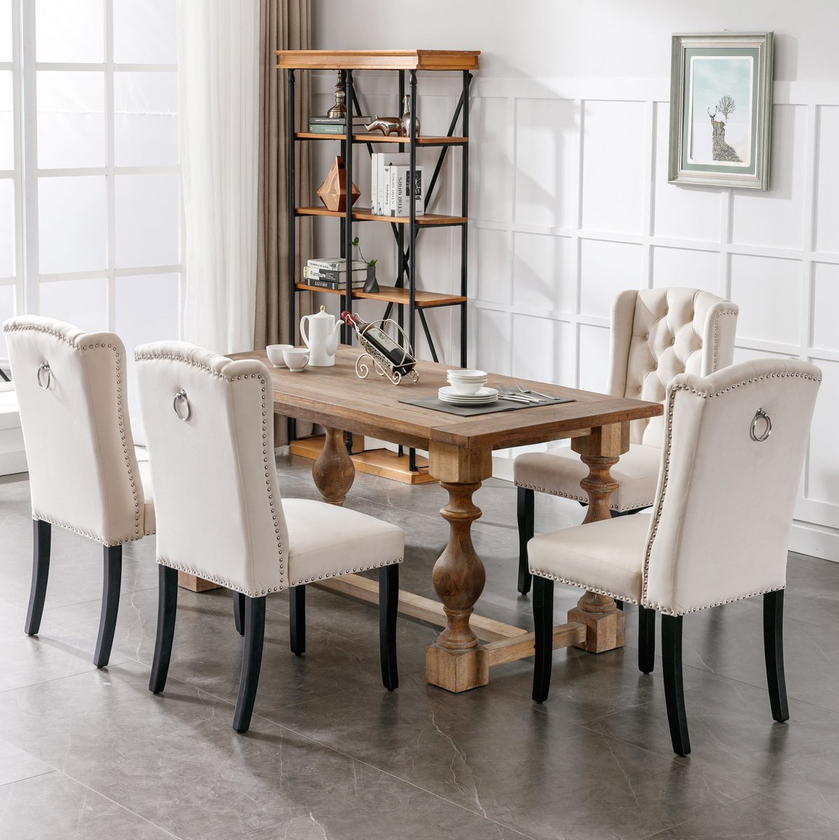 OKWISH Eetkamerstoel Set Van 4 Beige Velvet Met Hoge Rugleuning Knopen En Nagelkopbeslag Voor Eetkamer En Woonkamer Met Eiken Poten