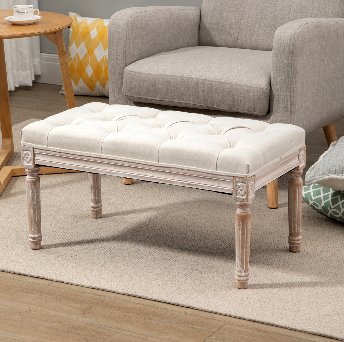 MODENUIT Voetenbankje 80 x 40 x 43 cm - Gestoffeerde Zitting - Voor Woonkamer en Slaapkamer - Hout - Crèmewit