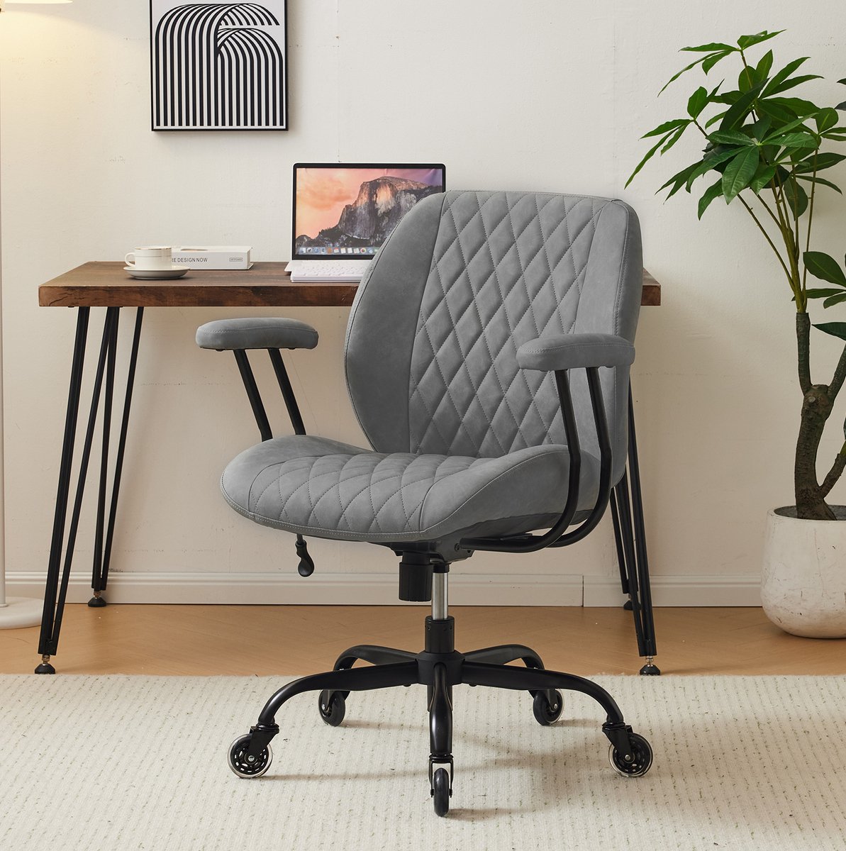 OKWISH Bureaustoel - Ergonomische Stoel Met Verstelbare Hoogte En Kantelbare Rugleuning - Voor Bureau, Gaming En Thuiswerk - Leer - Grijs