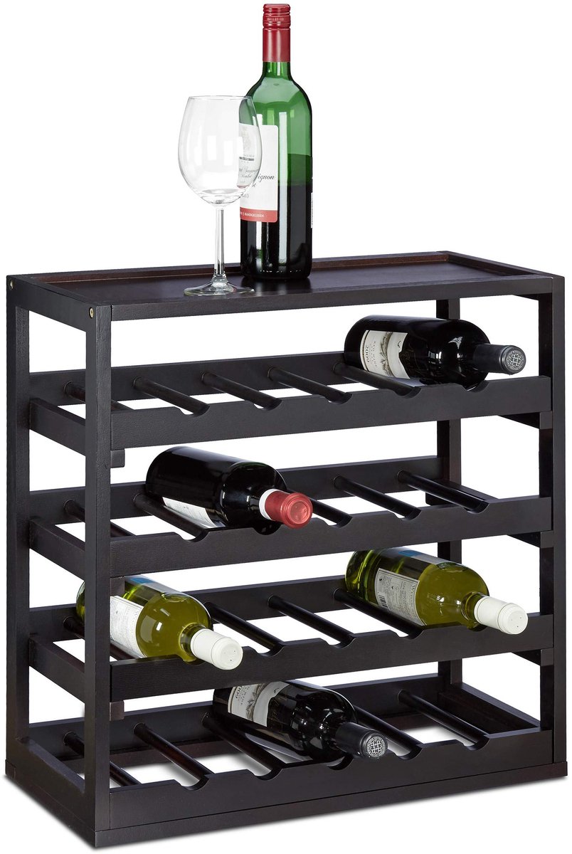 Famanu – Robuust houten wijnrek voor 20 flessen, afmetingen 52x52x25 cm, zwarte wijnhouder met 4 etages