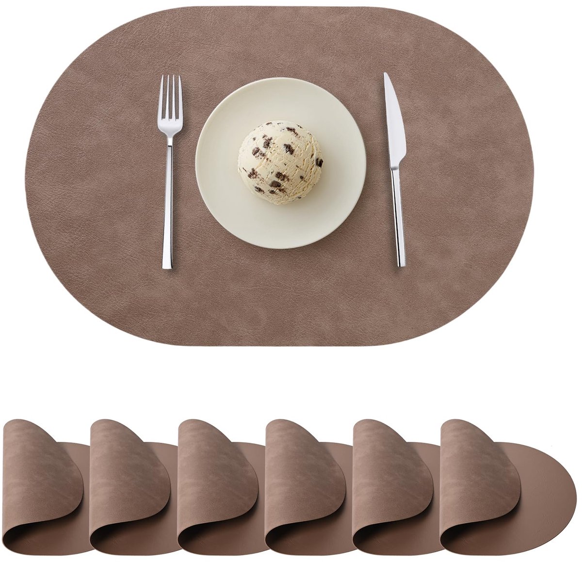 Famanu – Ovale placemats set van 6, kunstlederen tafelmatten, dubbelzijdig, hittebestendig en wasbaar voor binnen en buiten