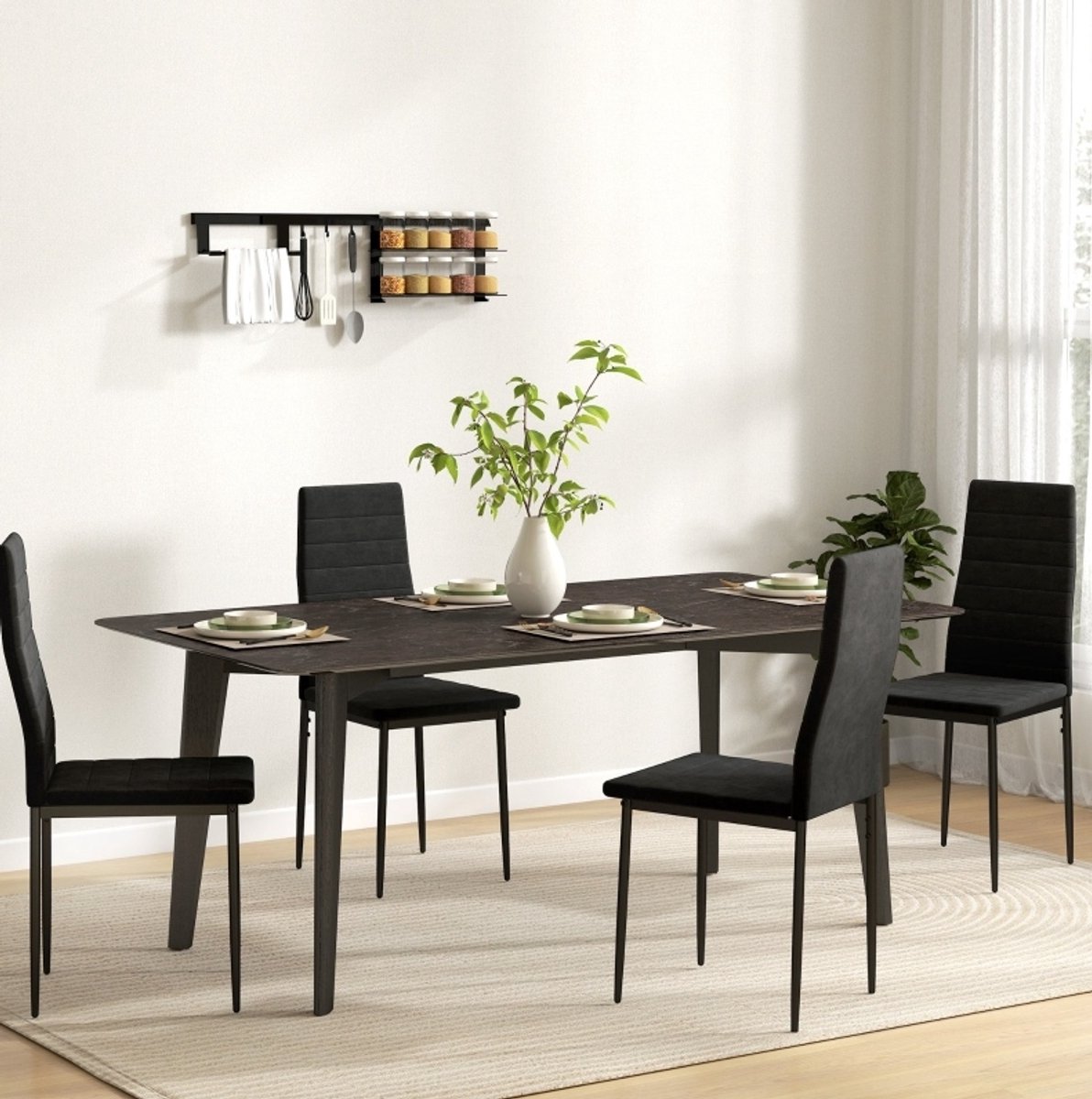 Eetkamerstoel Set Van 4 - Zonder Armleuningen - Stof En Metalen Poten - Hoge Rugleuning Voor Eetkamer Keuken En Slaapkamer - Zwart