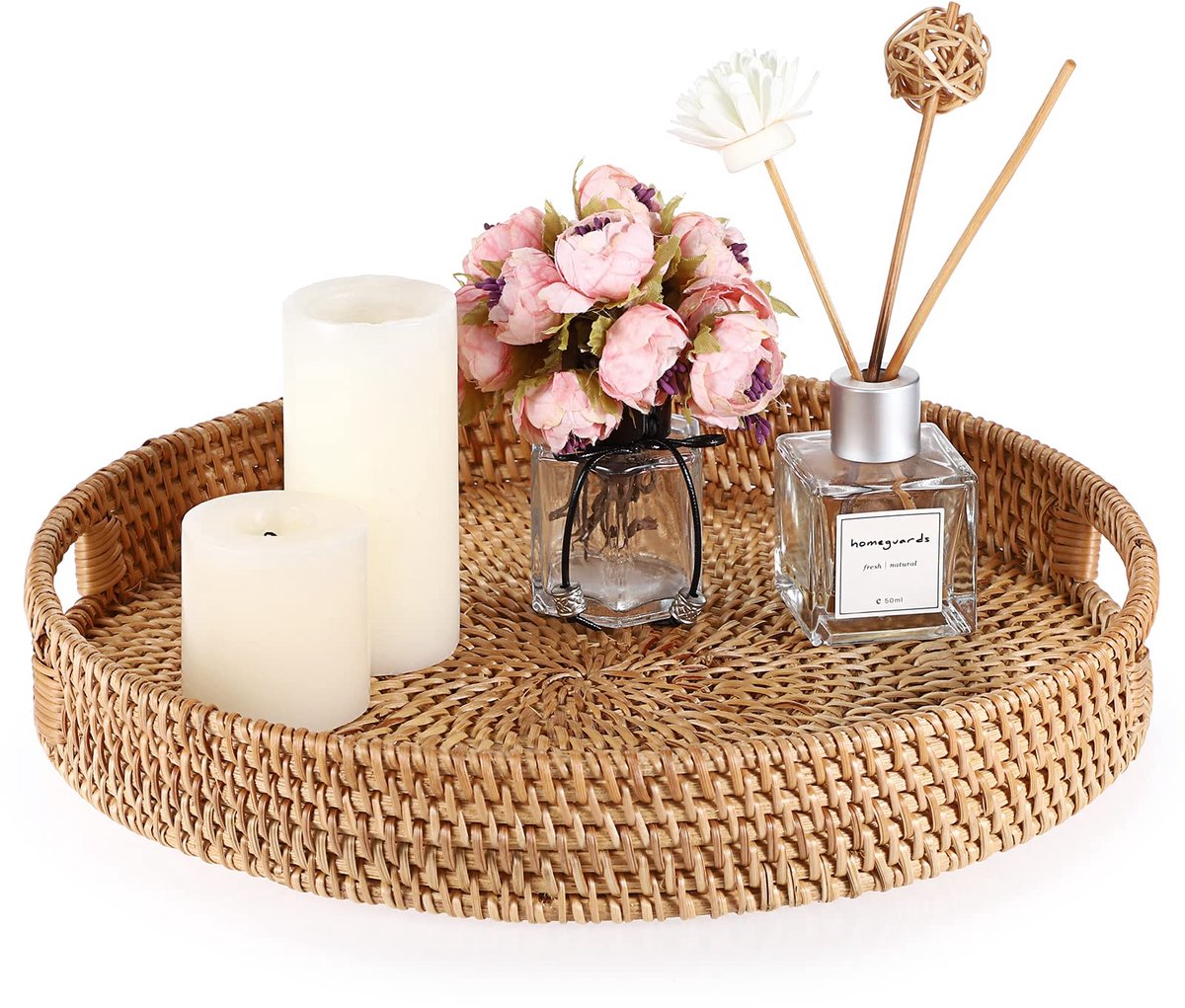 Famanu – Ronde geweven rotan serveerschaal met handvat, perfect voor koffie, drank, ontbijt en thee