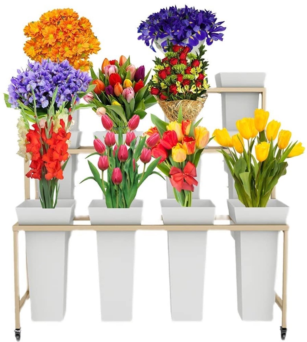 Famanu – Bloemendisplaystandaard met emmers, 3 lagen voor 12 emmers, mobiele plantenstandaard voor binnen en buiten, ideaal voor tuin en woonkamer