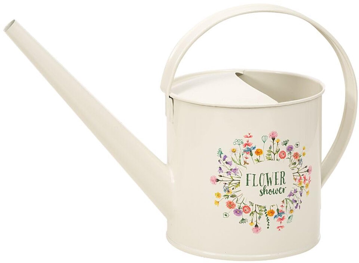 Famanu – Kleine gieter voor de tuin, decoratieve bloemendouche met 1,2 l inhoud, crème off-white met opschrift 'Flower Shower'