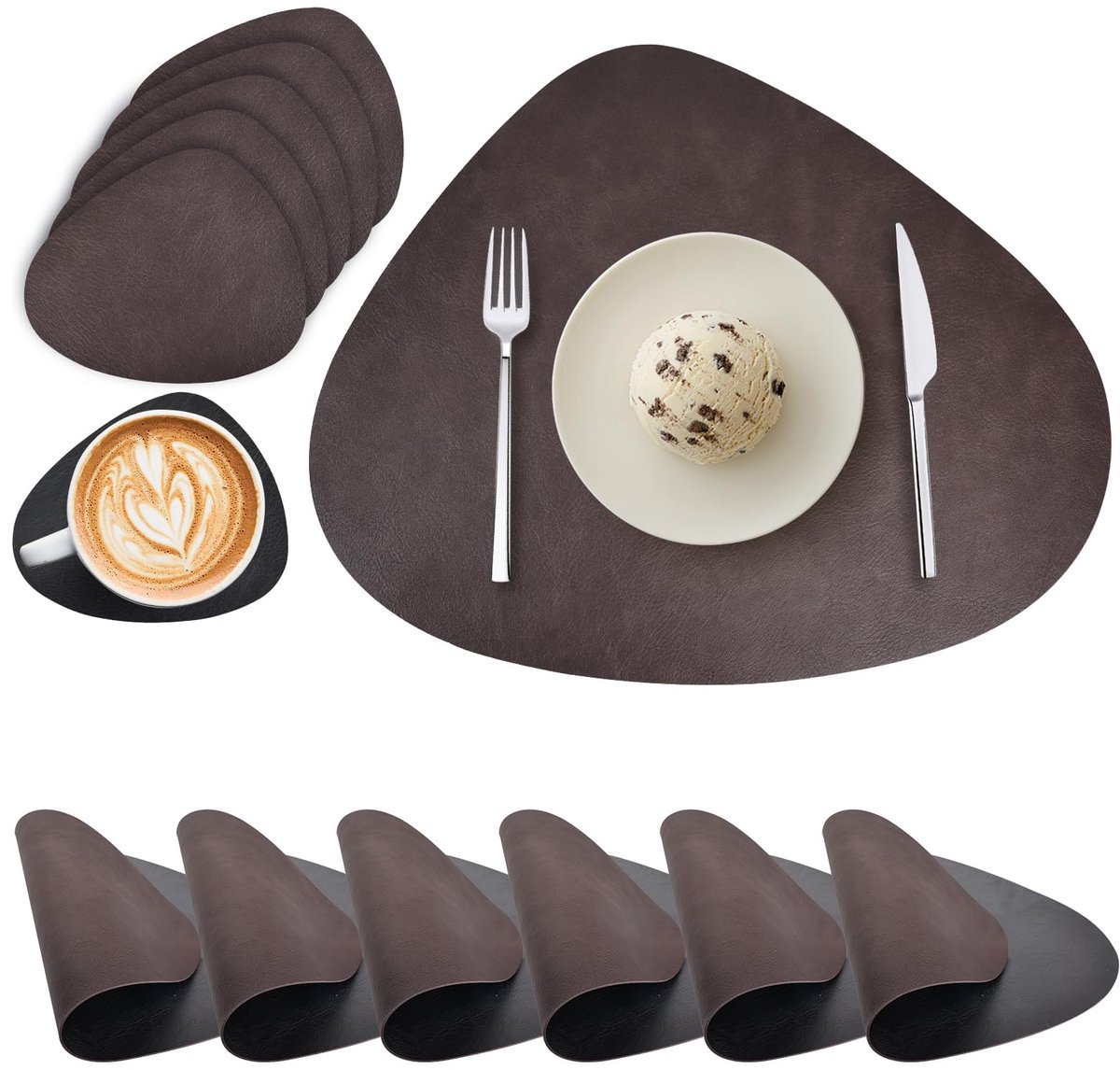 Famanu – Set van 6 ronde placemats en onderzetters, dubbelzijdige tafelmatten, warmtebestendig, waterdicht en wasbaar, antislip (donkerbruin en zwart