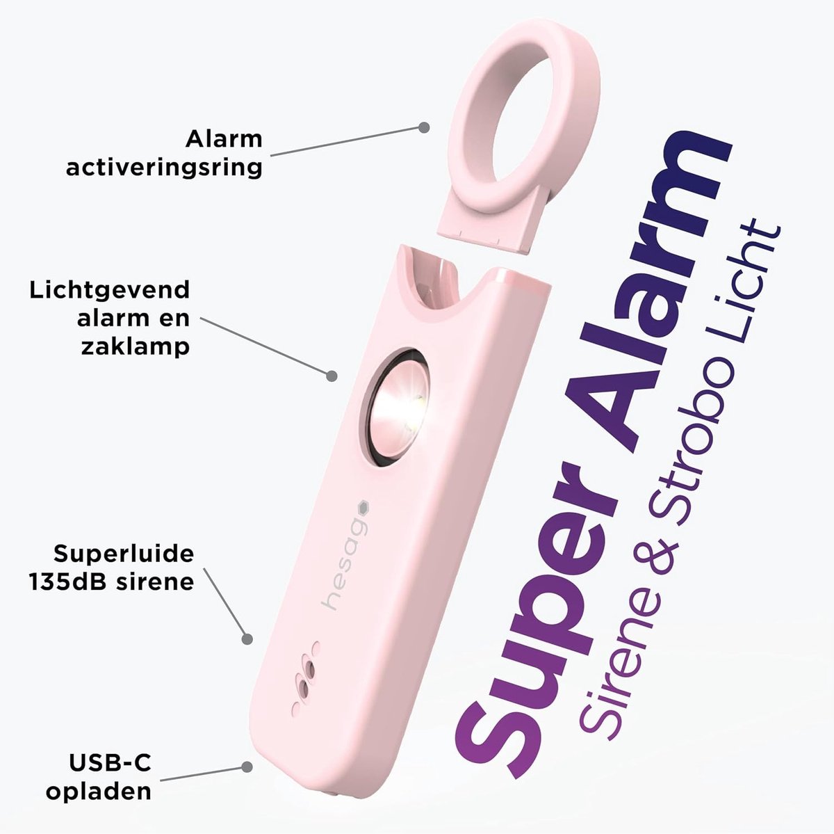 Persoonlijk Anti-Agressie Alarm - Roze - 25 gram - Met 135 dB Sirene en Zaklamp - Voor Vrouwen