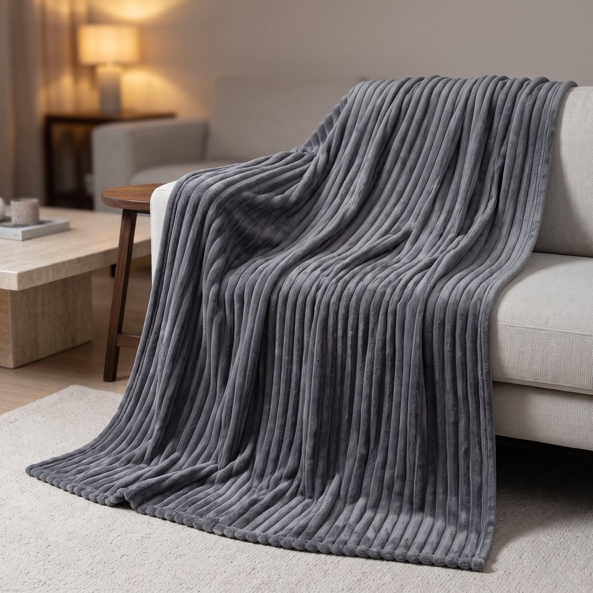 Cheqo® Fleece Deken - Plaid - Fleece Plaid met Ribstof - Woondeken - Knuffeldeken - Bankdeken - Plaid voor Bank - Grand Foulard - Sprei - Heerlijk Zacht en Warm - Antraciet Plaid - Grijze Plaid - Deken voor Bed en voor Woonkamer - Fleece Blanket
