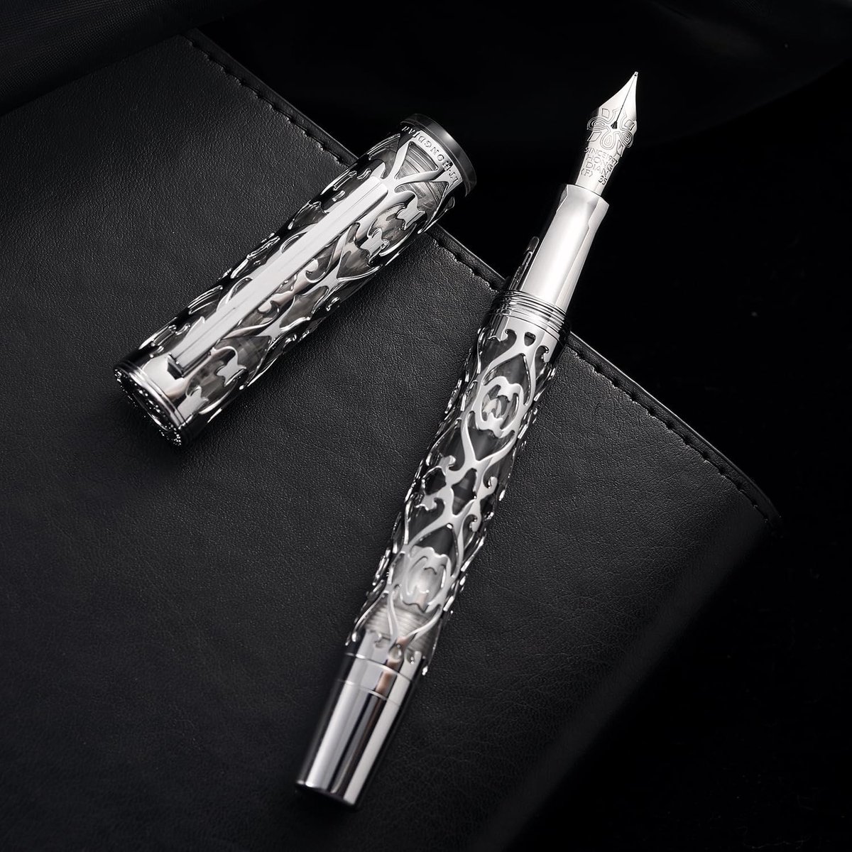 Piston Vulpen met Extra Fijne Nib, Holle Skeleton Constructie en Houten Koffer Set (Zilver) voor Schrijven en Tekenen