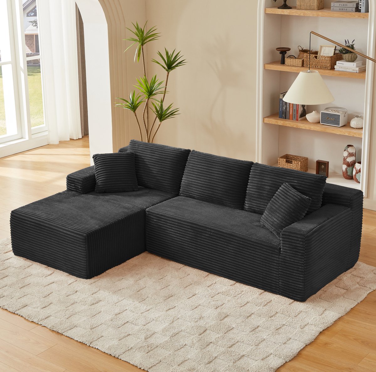 Wishdor Hoekbank - Modulair L-vormig 4-zits - Memory foam stof afneembare kussens zonder montage - Design woonkamer kantoor appartement - Zwart - 252,5 x 163 x 65 cm