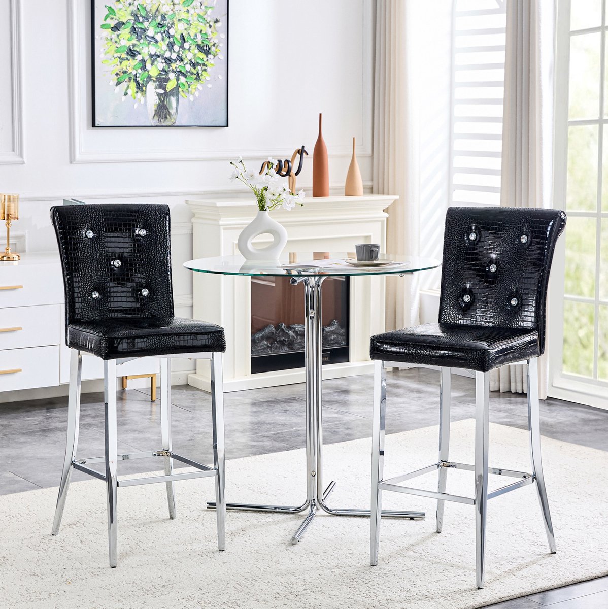 OKWISH Barkruk Set Van 2 – Zwarte Krokodillenlook Met Kristallen Knopen – Hoge Rugleuning En Voetsteun – Voor Keukenbar En Eiland – Kunstleer – Zwart