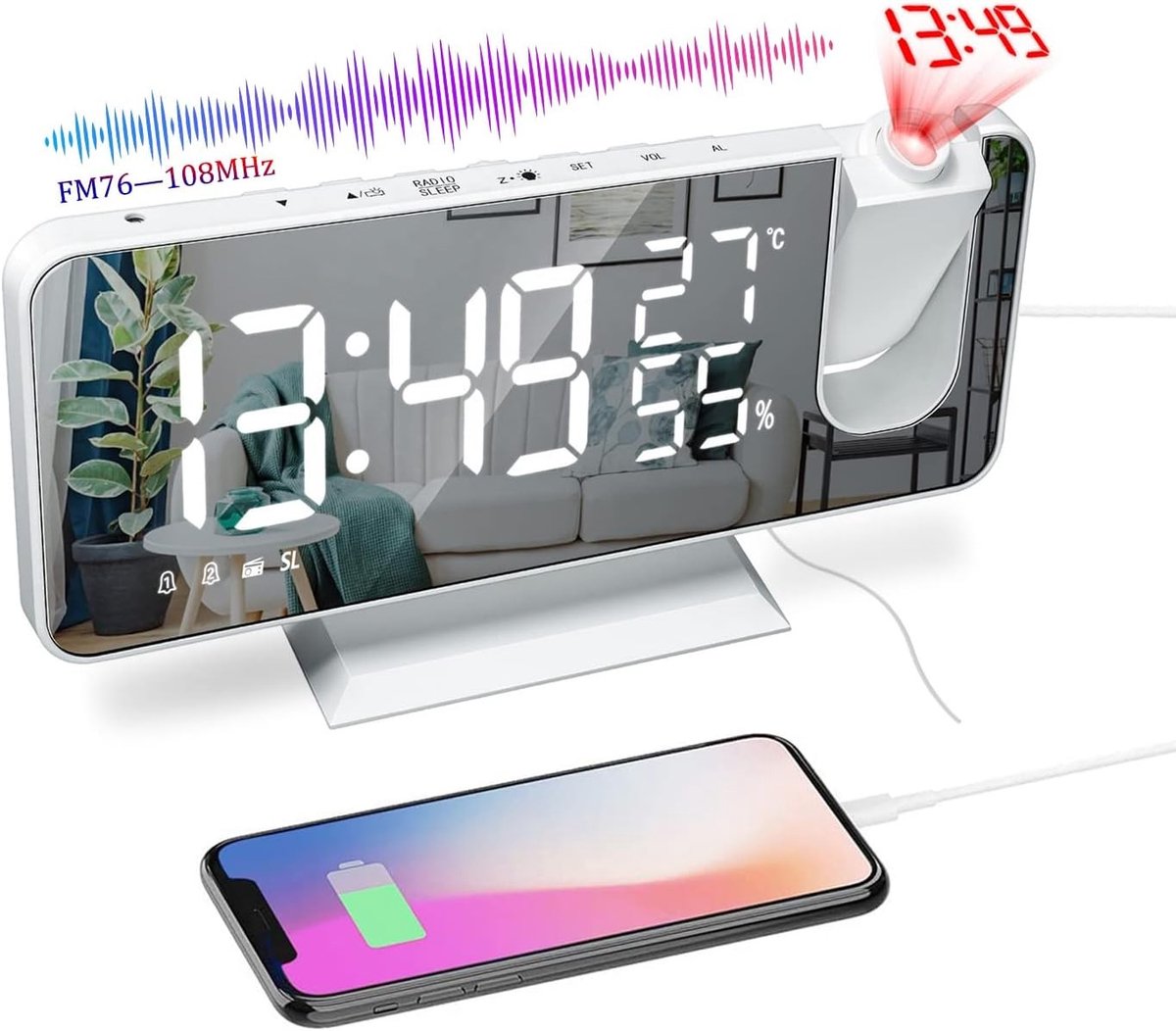 Projectiewekker - Wit - 7 inch - Digitale Wecker met FM-radio en USB-poort - Voor Thuisgebruik
