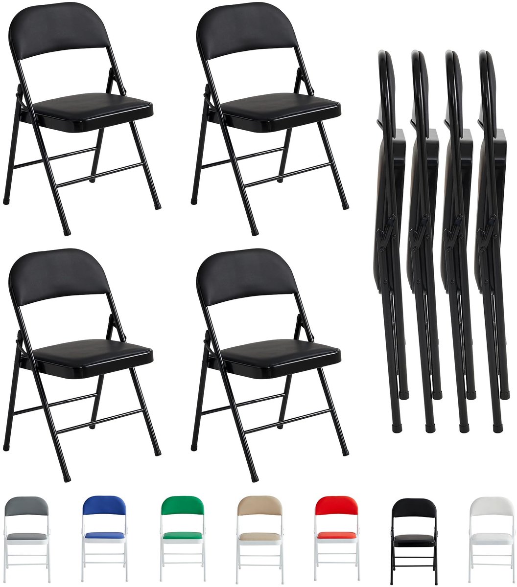 Famanu Set van 4 klapstoelen, opvouwbare stoelen van kunstleer met metalen frame en gewatteerde zitting, ideaal voor thuis, kantoor en receptie (zwart