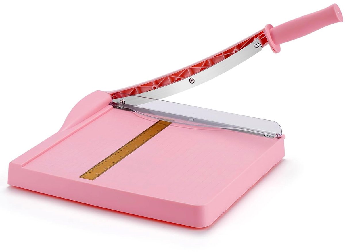 Famanu – Papierversnijder met hefboomwerking, handmatige snijmachine met veiligheidsbescherming en messenslot, A4 A5 papiersnijmachine, capaciteit 16 vellen voor foto's en papier, roze