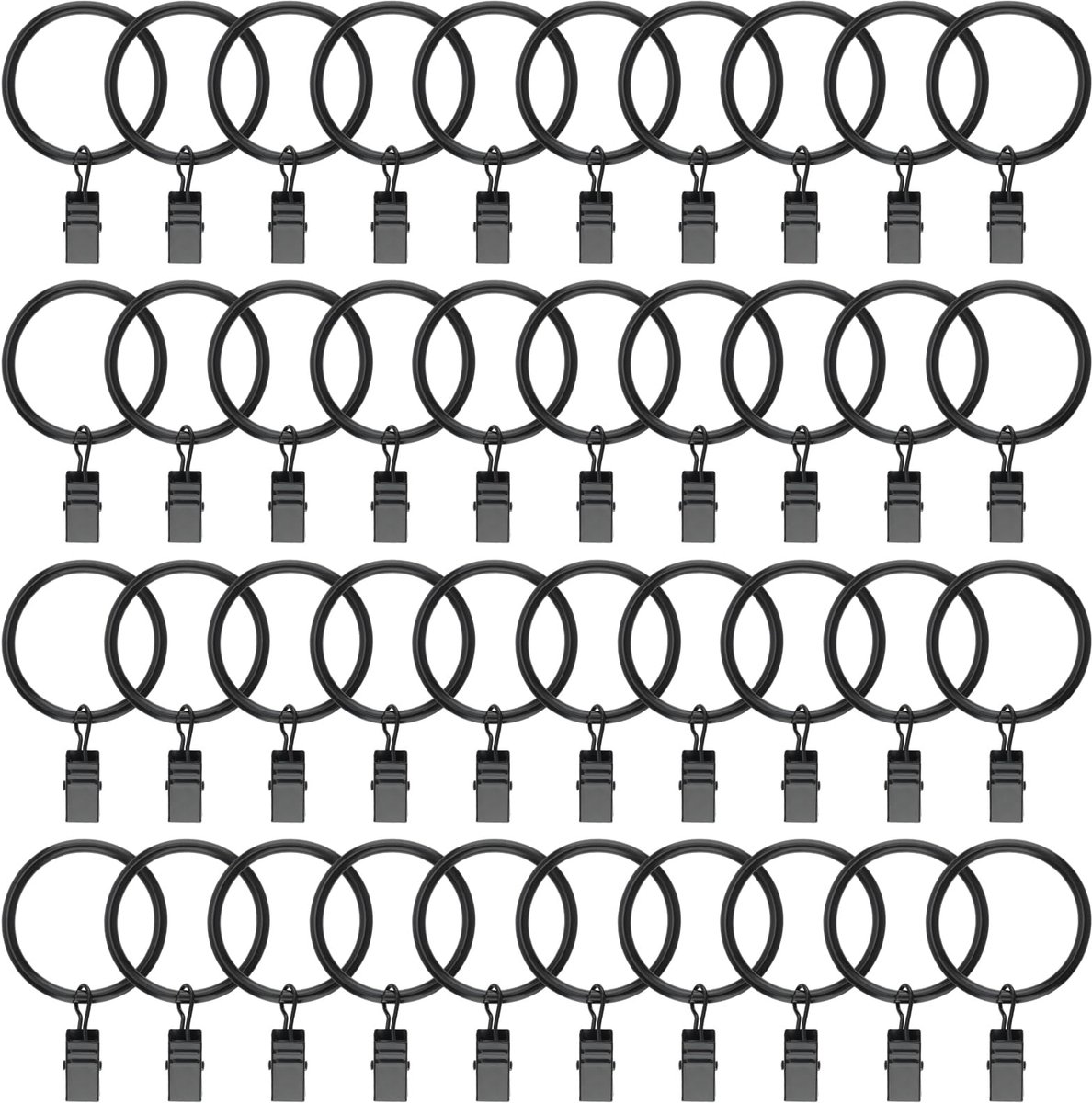 Famanu Set van 40 gordijnringen met clips, 38 mm, ideaal voor gordijnen en gordijnstangen Zwart