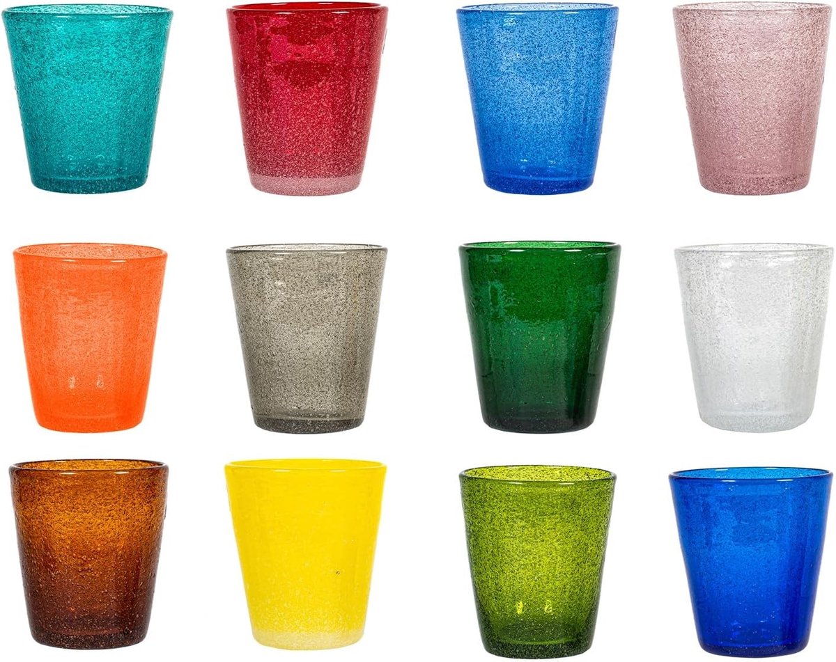 Set van 12 Glazen - Multi-kleur - Handgemaakt van Jadeglas - Vaatwasmachinebestendig - Voor Gezelligheid aan Tafel