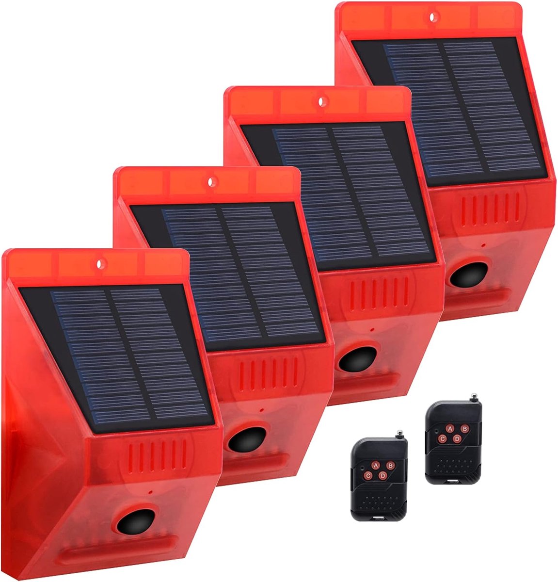 Zonne‑energie Bewegingssensor Alarm Buiten, Bewegingsdetector met geluid, 129dB Beveiligingssirene, IP65 Waterdicht, voor Villa, Kippenhok, Boerderij en Tuin, 4 Stuks