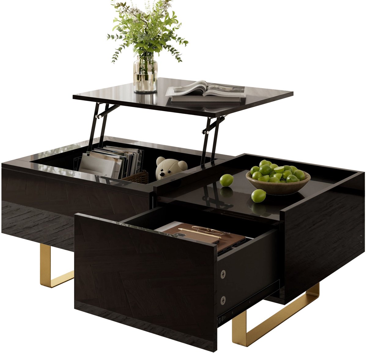 Merax Verstelbare Salontafel met Opbergruimte – Zwart Hoogglans – 100 x 50 cm – Salontafel met Lade - Verhoogbaar Tafelblad en Goudkleurige Metalen Poten