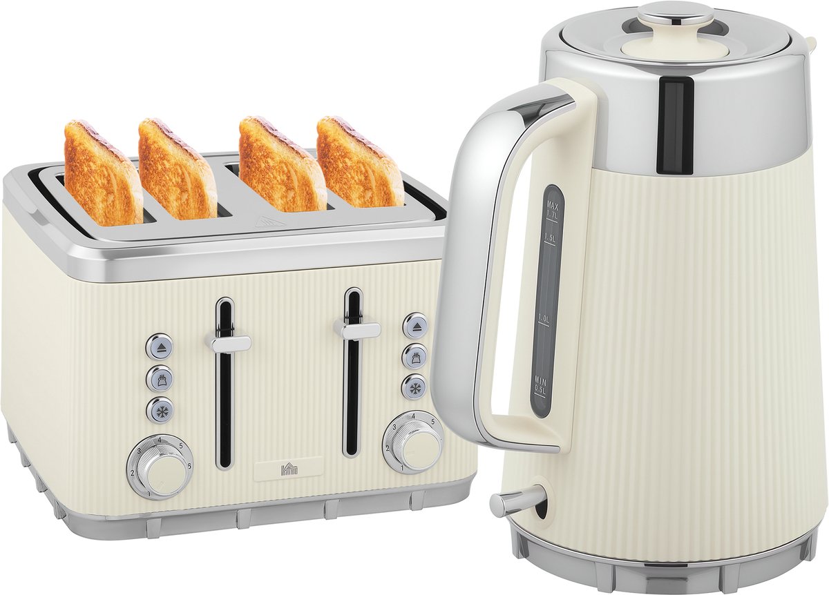 ECTEATOY® Ontbijtset - 1,7L Waterkoker en Broodrooster Set - Met snelkookfunctie - ontkalkingsfilter - met 7 bruiningsniveaus - 2200W - crème