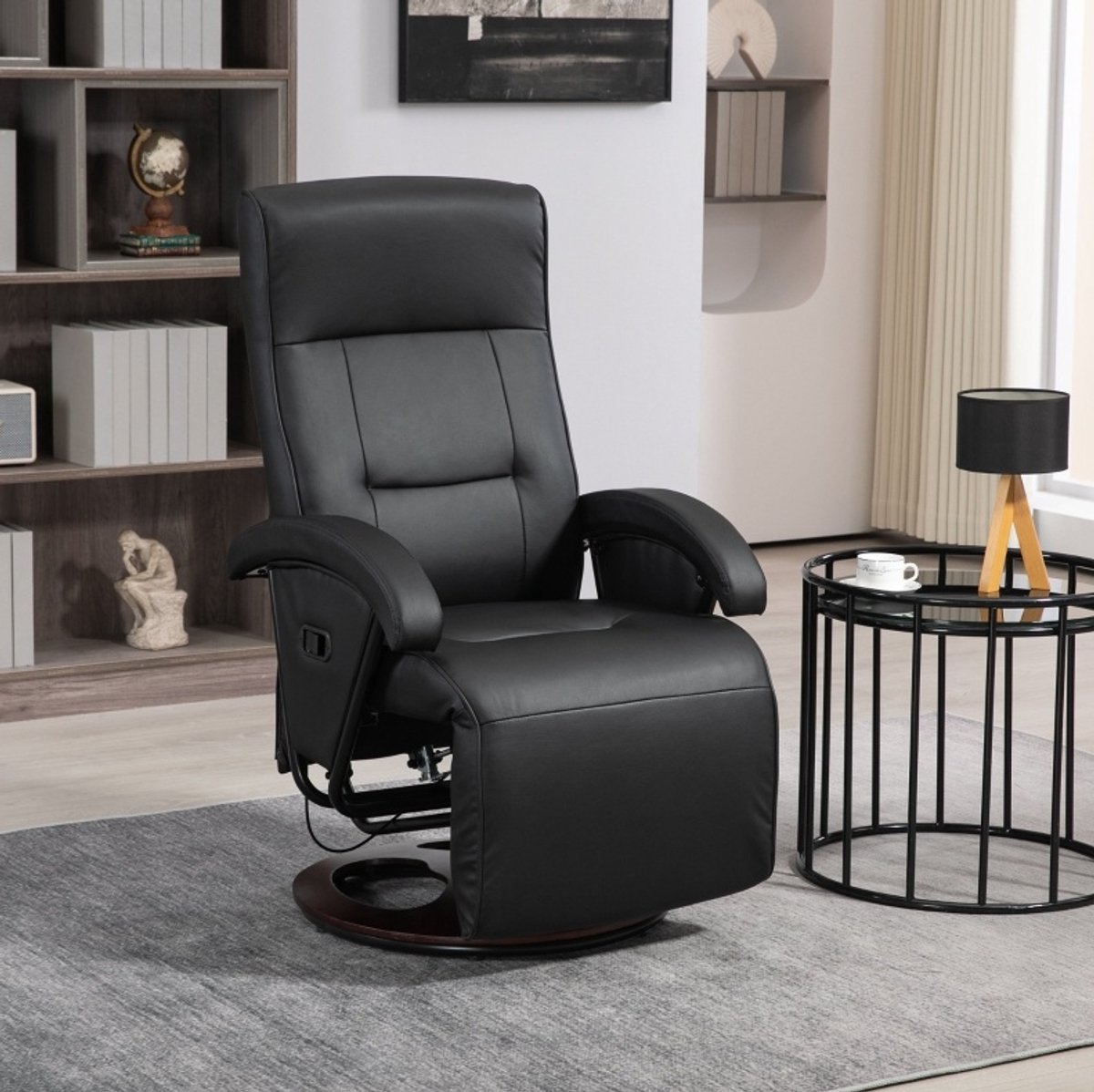 REDOM - Relaxfauteuil - 360° draaibaar en tot 135° verstelbaar - Met uitklapbare voetensteun - Kunstleer - Houten basis - Zwart - 66 x 86 x 107 cm