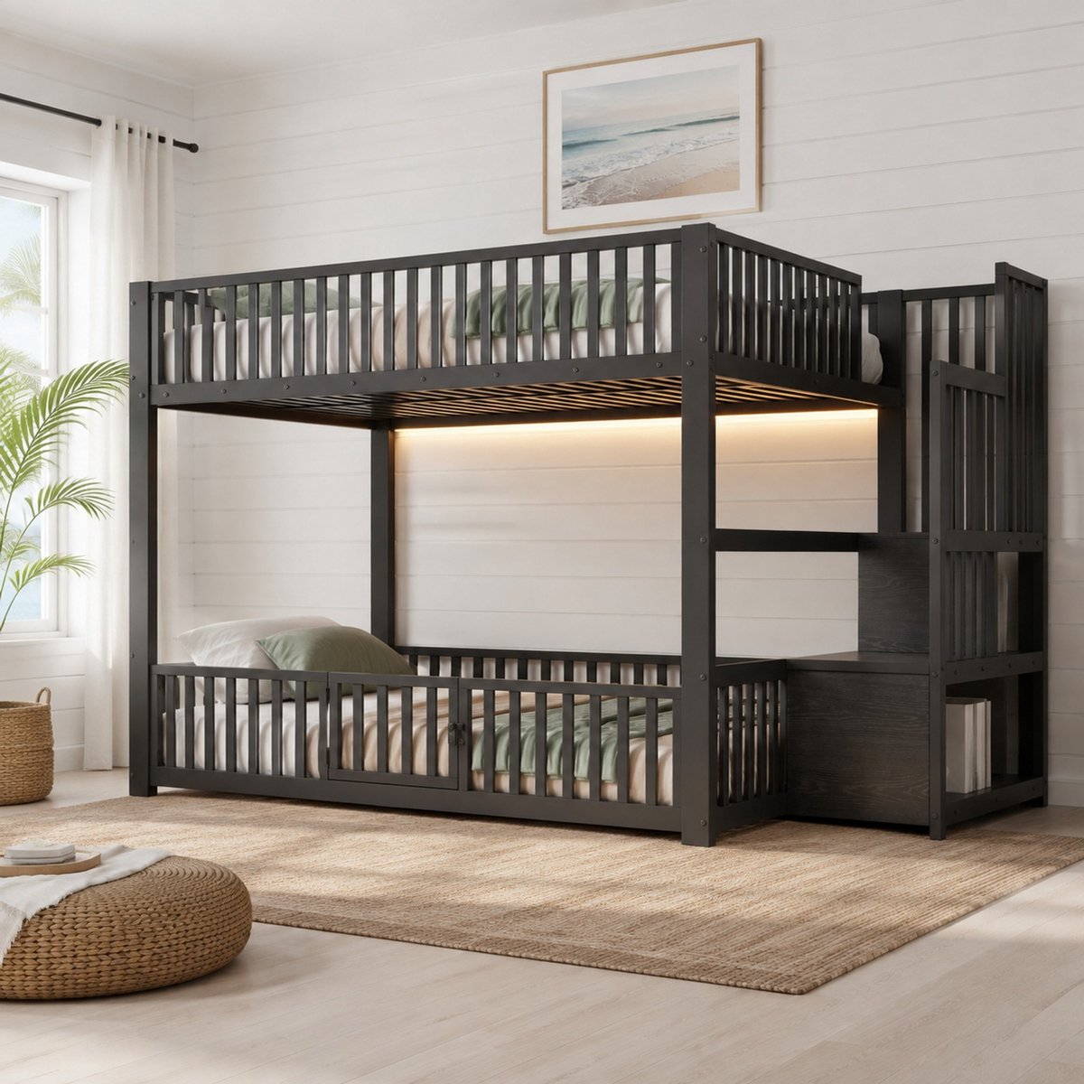 Wishdor Stapelbed 140x200 cm - Met LED en stauraumleiter - Metalen MDF kinderbed - Modern zwart - Voor kleine kamers, kinderkamer en logeerkamer - Met lattenbodem