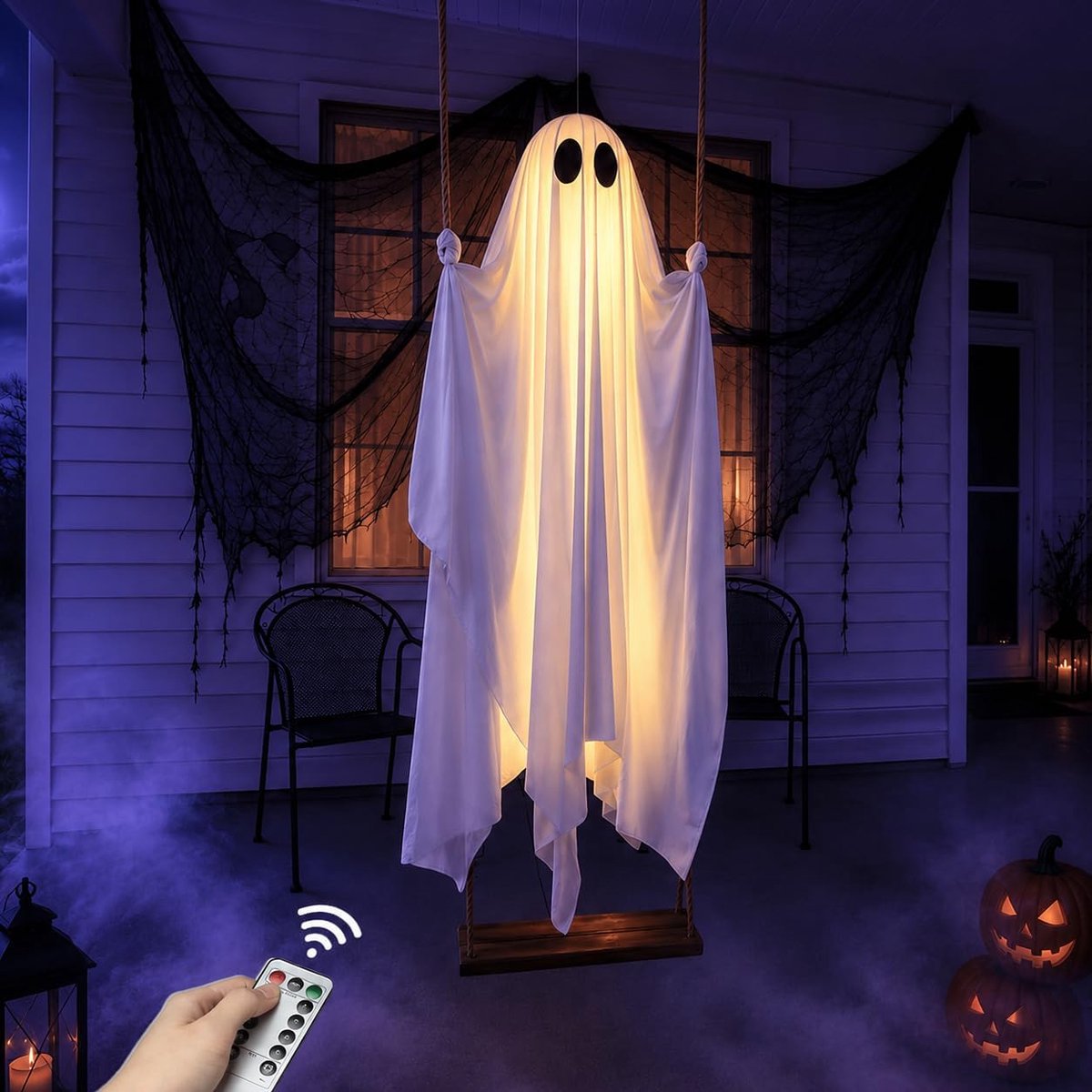 Halloween Schommel 1,3 Meter met Hangend Spookmotief, Voorgemonteerd, Verstelbare Hoogte, Timer en Afstandsbediening, LED-Lichtslinger, Gedrapeerde Stof, Halloween Decoratie voor Veranda, Tuin, Gazon en Boom