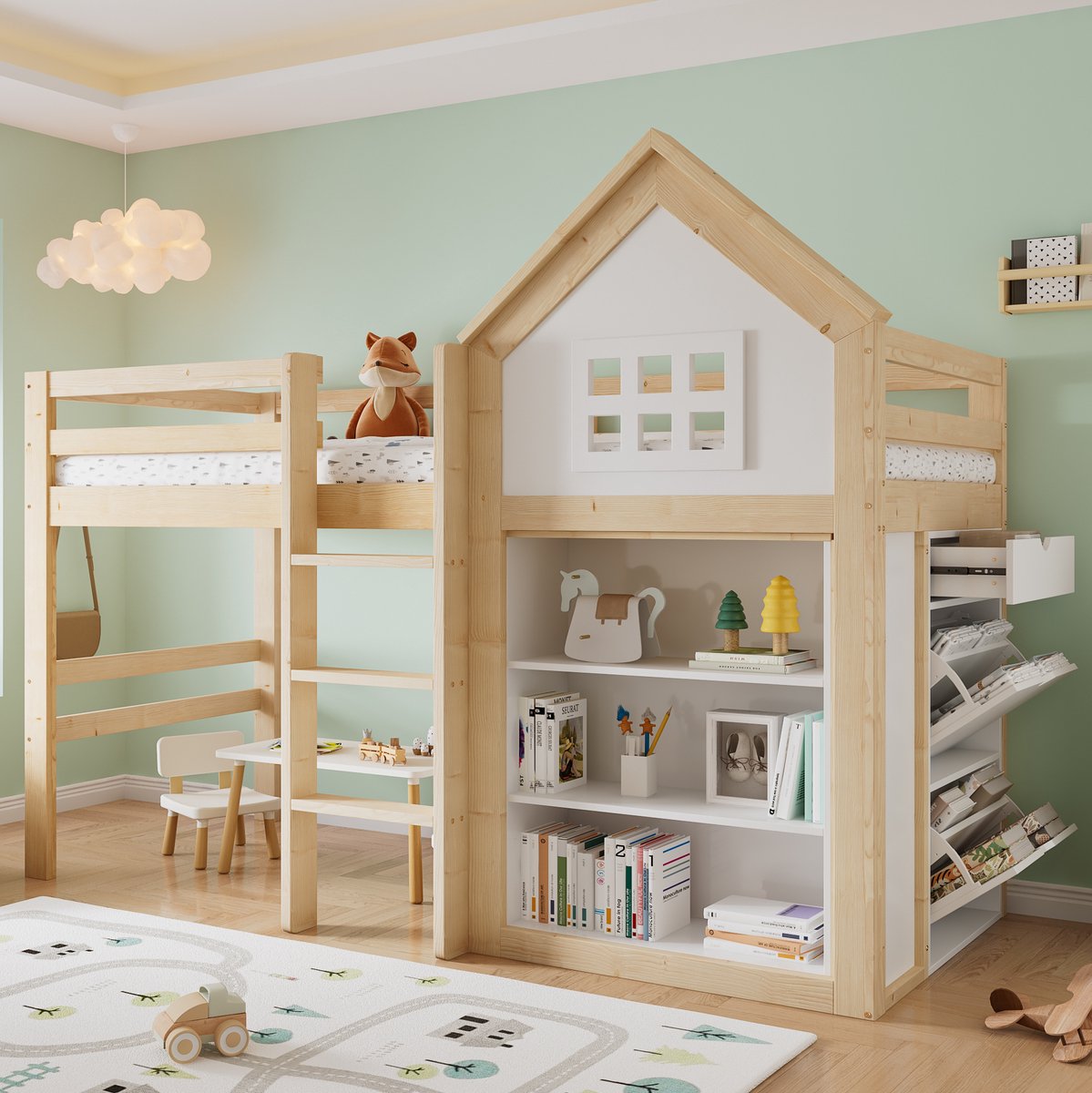 Wishdor Hoogslaper kinderbed huisvorm met opbergruimte - 3 lades en opbergvakken - Veiligheidsranden en trap - Voor kinderkamer - Hout MDF - Wit naturel - 205 x 107 x 164.5 cm