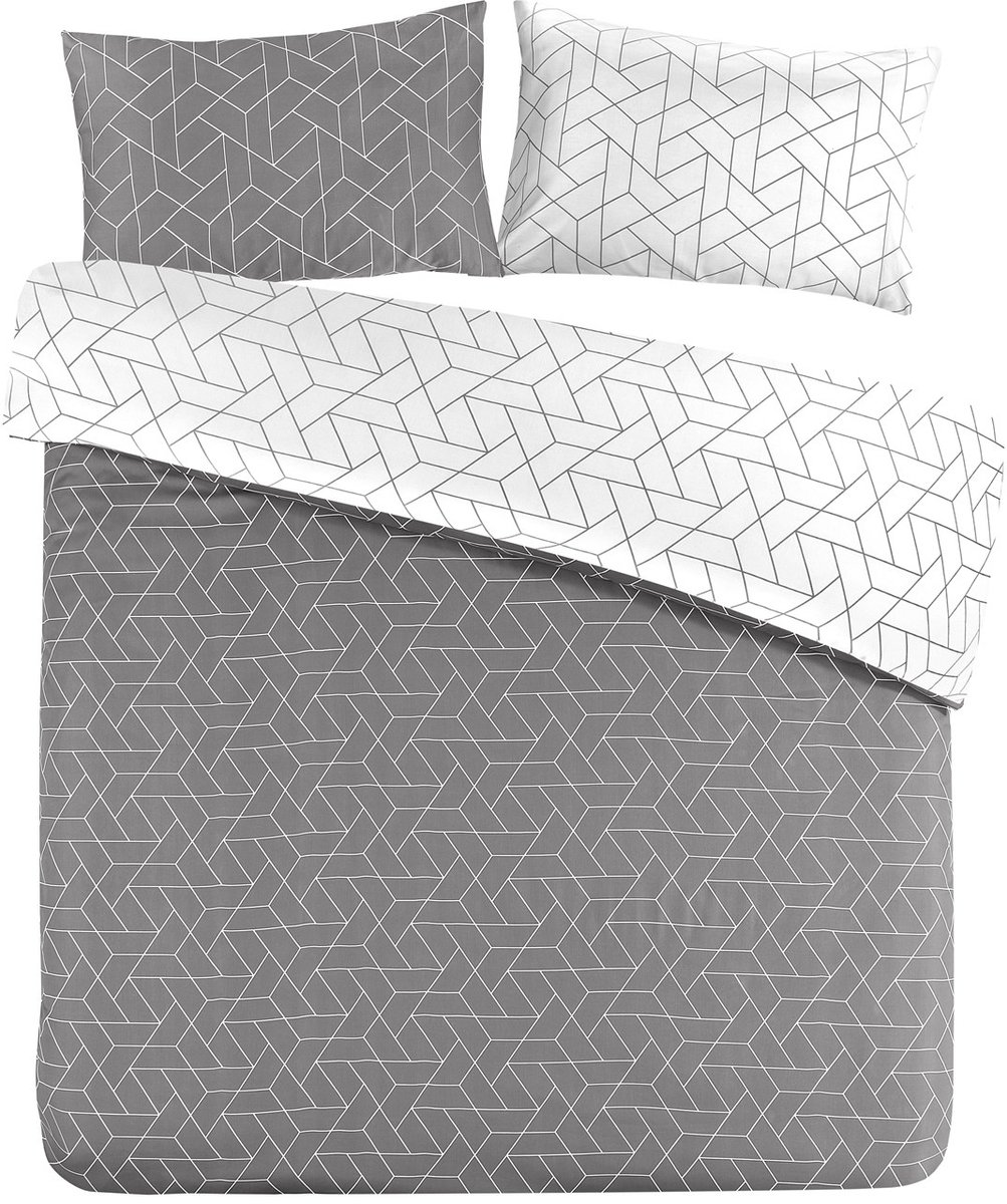 Padiro dekbedovertrek 220 x 240 cm - grijs - dubbelzijdig met geometrisch deisgn - katoensatijn - geometrisch patroon - met 2 kussenslopen 65 x 65 cm