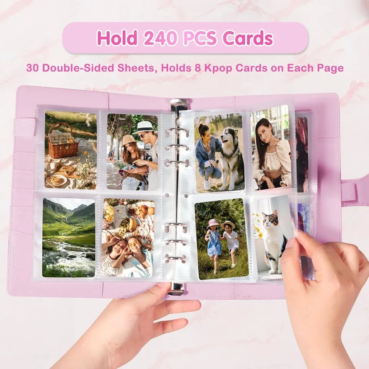 Dit A5-stickeralbum bevat 30 pakjes, elk Geschikt voor 240 kaarthoesjes, en een ringband van imitatieleer Geschikt voor 6 ringen Geschikt voor het ordenen en verzamelen van K-Pop-foto's.