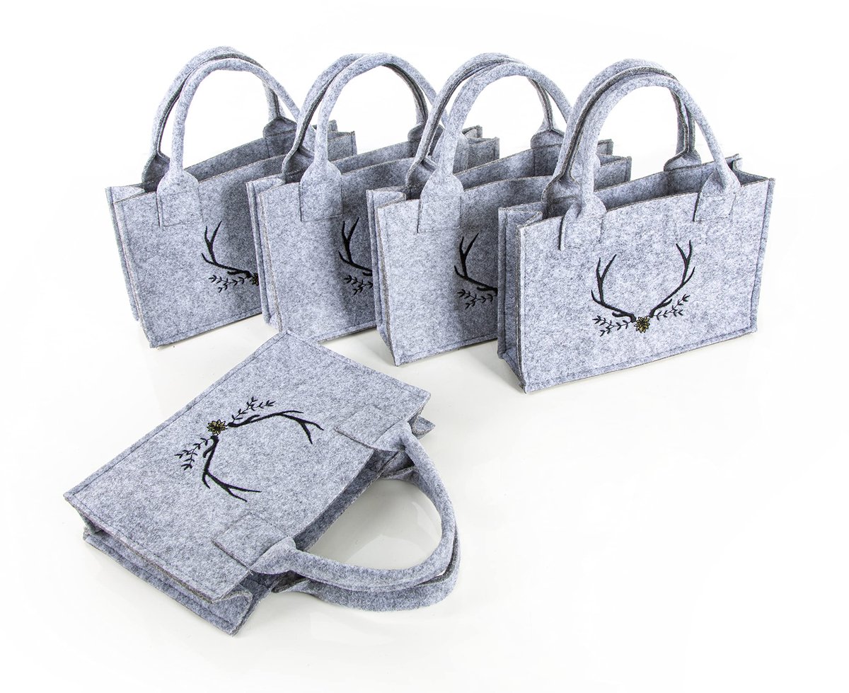 Famanu – Set van 5 geschenkzakjes met handvat, 21 x 14 x 6 cm, vilt, voor verjaardag en bruiloft, grijs met hertenmotief