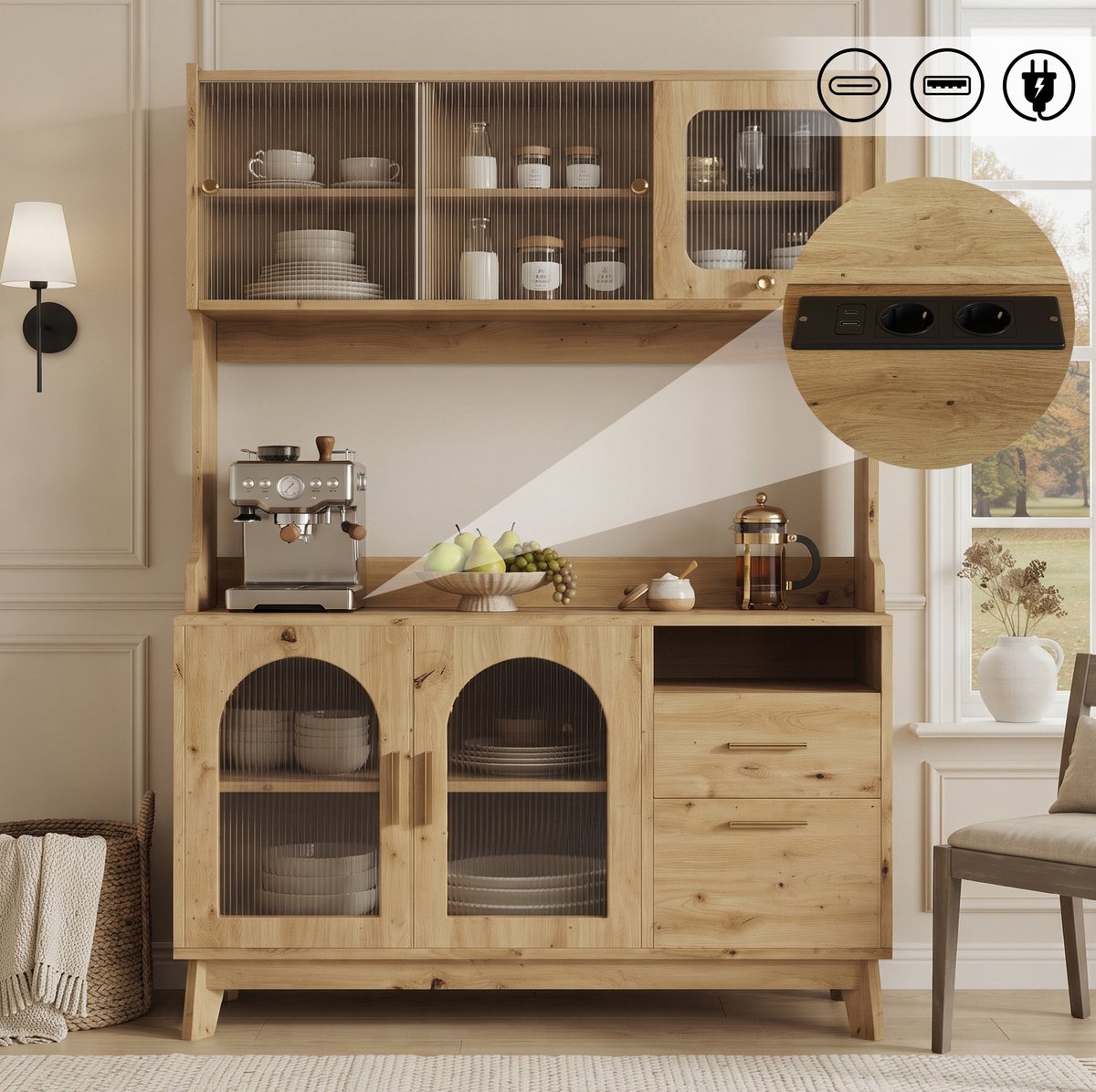 FloraGrace Buffetkast - Hoge Opbergkast Met Stopcontact En USB-A En USB-C - Voor Eetkamer En Keuken - Spaanplaat - Wood - 120x40x178 Cm