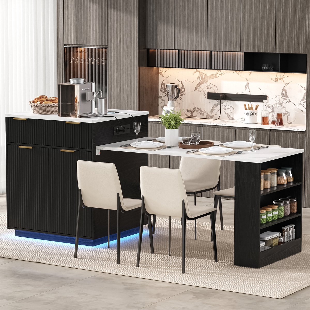 FloraGrace Eettafel - Uitschuifbare Keukenisland Met LED En Lades - Modern Voor Keuken En Eetkamer - MDF - Zwart - 127,5 Cm