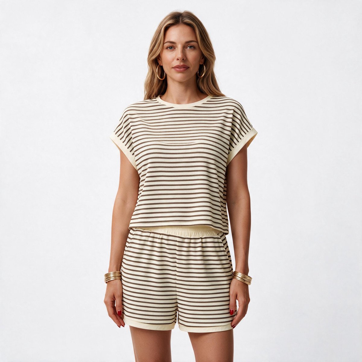 Imily Bela Dames Gestreepte Tweedelige Set met Croptop en Shorts