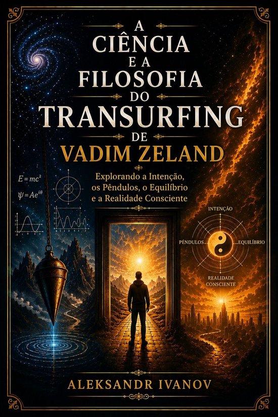 Boekomslag 'A Ciência e a Filosofia do Transurfing de Vadim Zeland'. Kosmisch landschap met tekst en een man die naar een portaal kijkt.