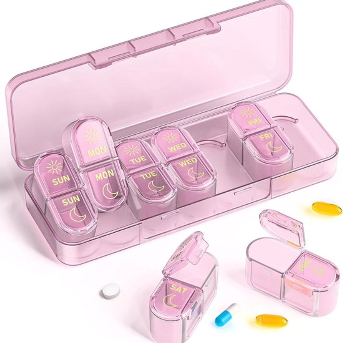 Pillendoosje, voor 7 dagen, weekverpakking, verpakking voor tweemaal daags gebruik, reisverpakking voor 7 dagen, voor vitamines, visolie en supplementen.