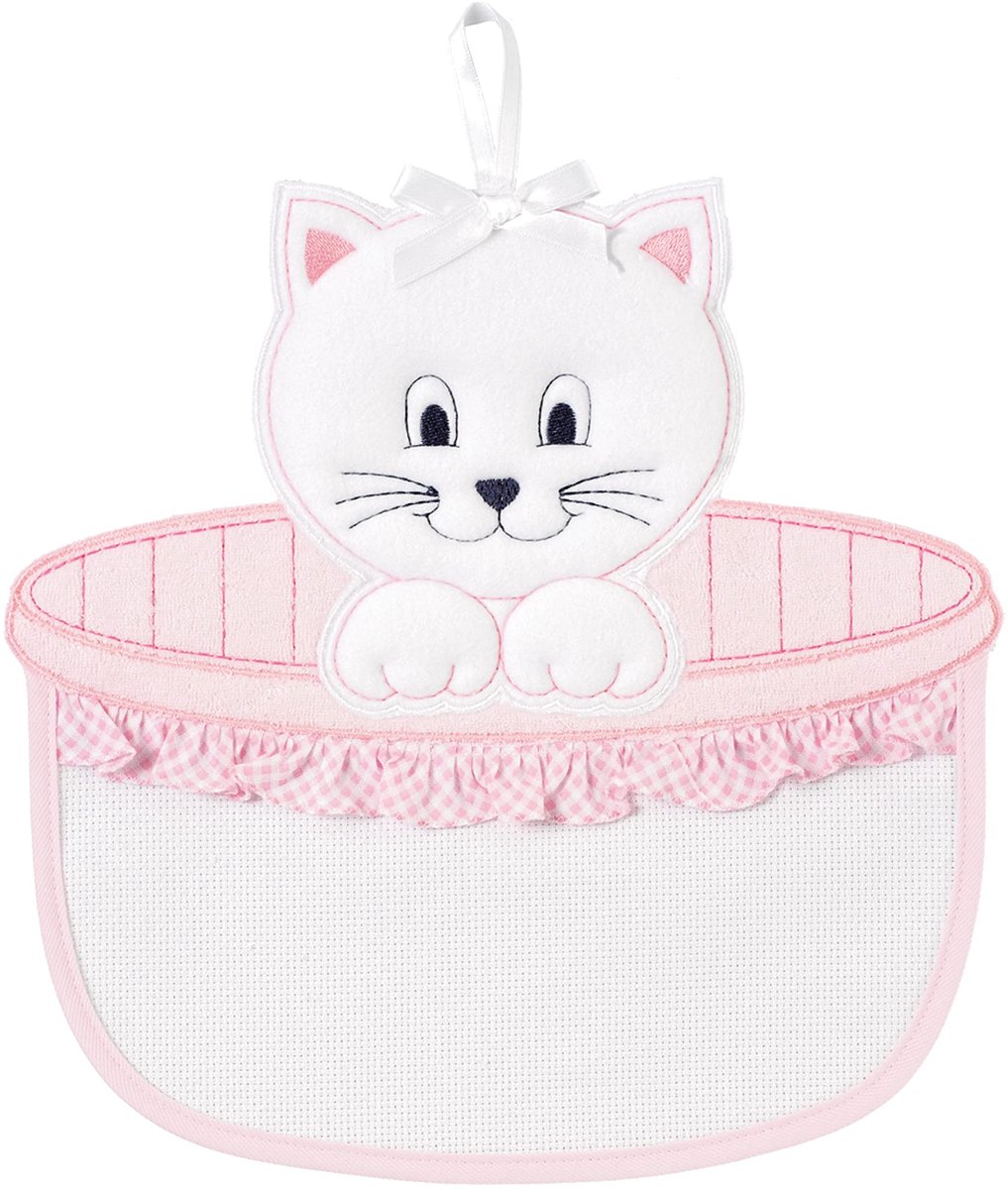SnelShoppen - Strik voor de geboorte met schattig katje om te borduren, wit en roze, perfect voor babyshowers, kraamcadeaus, of feestelijke gelegenhed