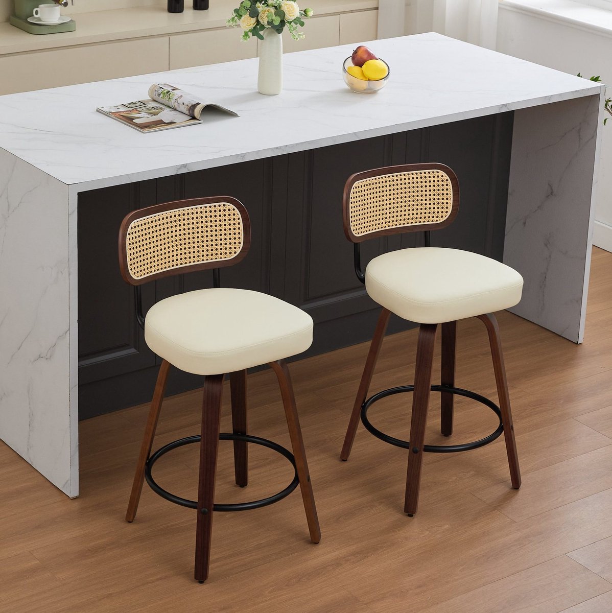 MEUNIQ Set van 2 barkrukken 90 cm met rotan rugleuning, 65 cm zithoogte, draaibaar, gestoffeerde zitting, keukenhoogte, beige