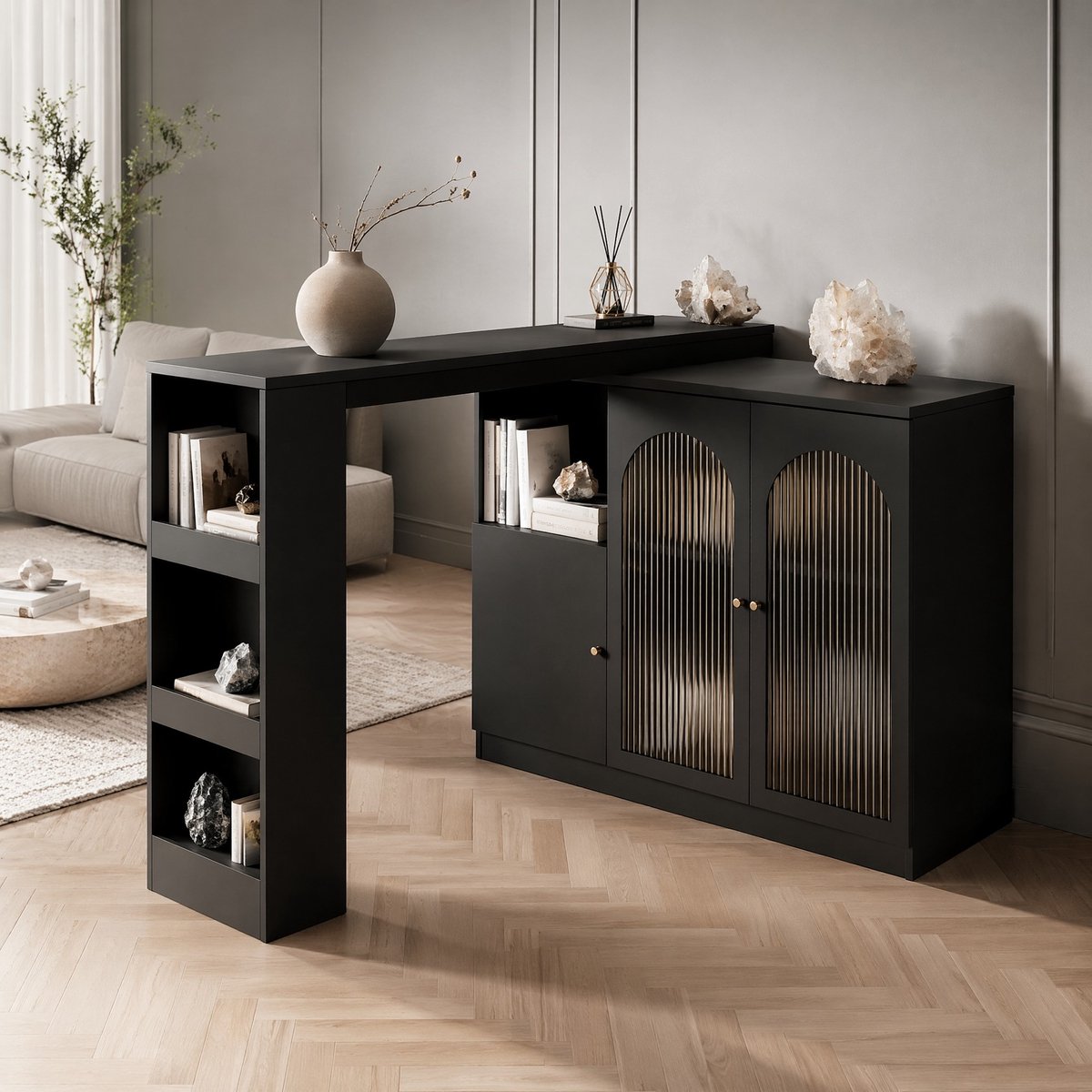 MEUNIQ 360° draaibare buffetkast en barmeubel met glazen deuren, open vakken en opbergruimte, 120 x 40 x 97 cm, zwart, voor keuken en woonkamer